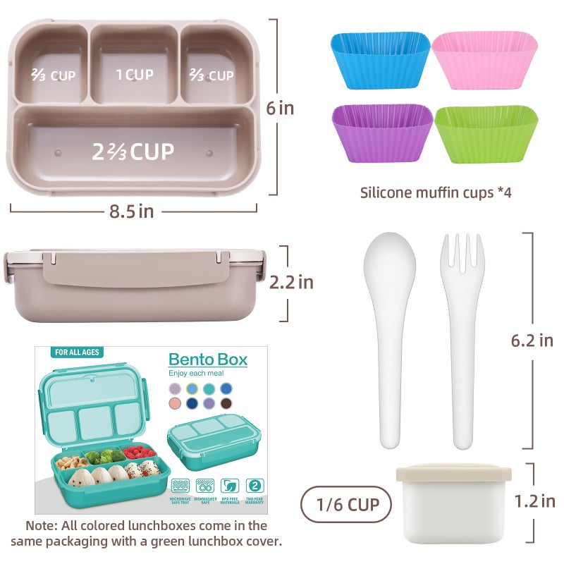 QQKO Bento Box Adult Lunch Box  Lunch Containers for Adults Men Women  Kids Lunch Boxes for School with 4 Compartments  Sauce Container  Utensils and Muffin Cups  Brown - Image 2