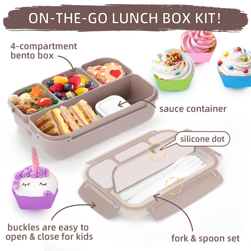 QQKO Bento Box Adult Lunch Box  Lunch Containers for Adults Men Women  Kids Lunch Boxes for School with 4 Compartments  Sauce Container  Utensils and Muffin Cups  Brown - Image 3