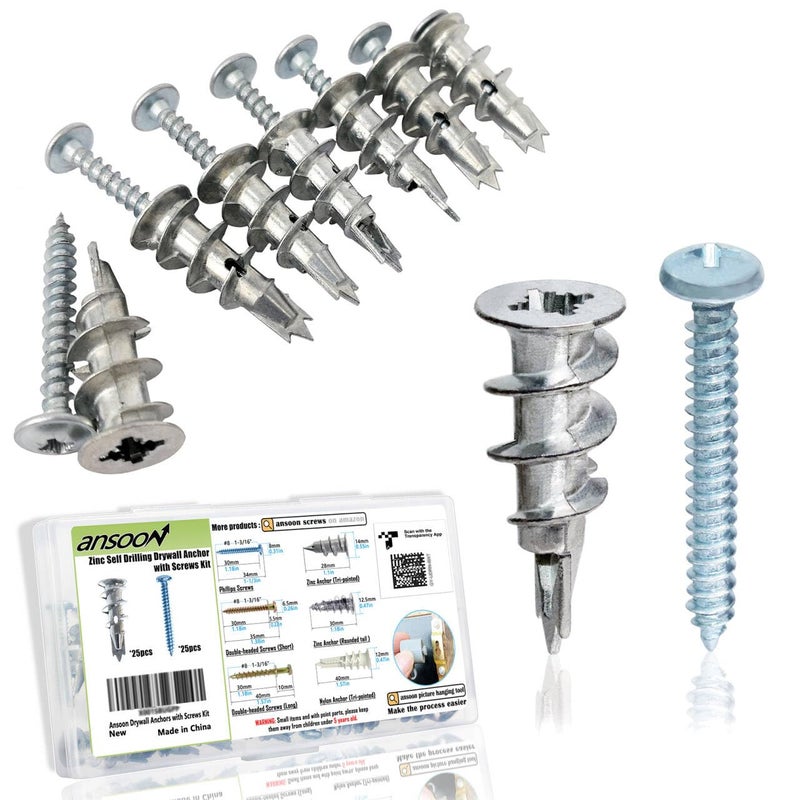 Ansoon Zinc Self-Drilling Drywall Anchors with Screws Kit, 25 Heavy Duty Metal Wall Anchors and 25#8 x 1-1/4'' Screws - 50 Pieces All Together - Image 1