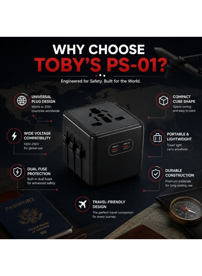 Toby's PS-01 Universal Travel Power Adapter Cube, Multi-Plug International Socket Converter, 2500W Rated Power, 100-250V Voltage Compatibility, Built-In Dual Fuse Protection, (Black) - Image 2