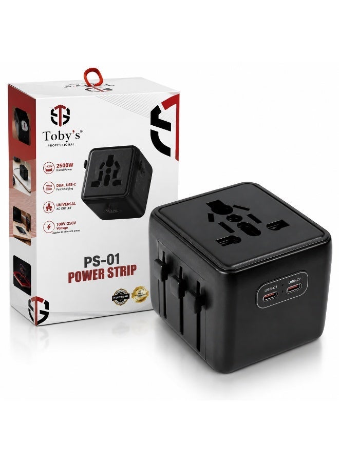 Toby's PS-01 Universal Travel Power Adapter Cube, Multi-Plug International Socket Converter, 2500W Rated Power, 100-250V Voltage Compatibility, Built-In Dual Fuse Protection, (Black) - Image 1
