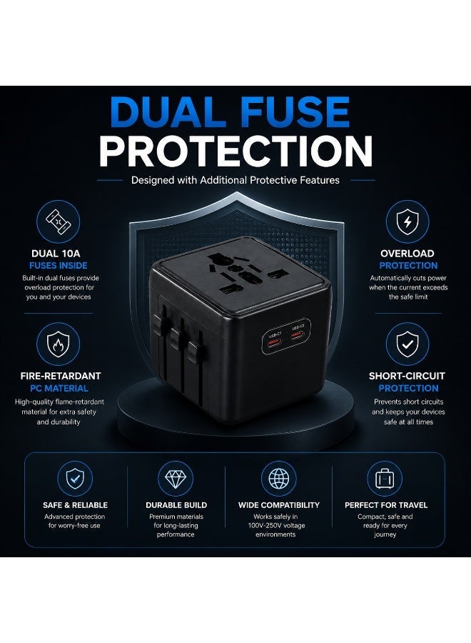 Toby's PS-01 Universal Travel Power Adapter Cube, Multi-Plug International Socket Converter, 2500W Rated Power, 100-250V Voltage Compatibility, Built-In Dual Fuse Protection, (Black) - Image 5