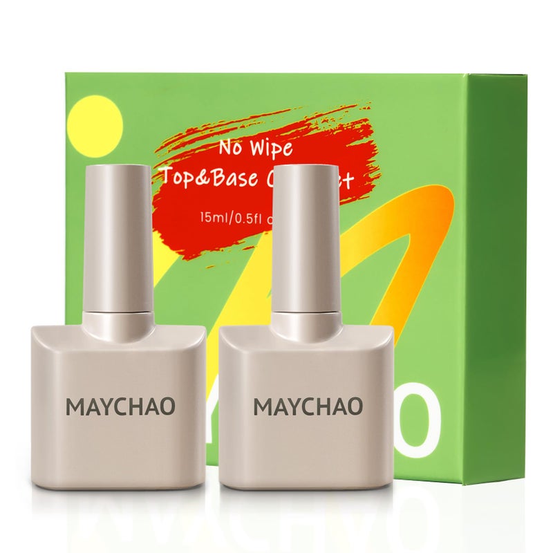 MAYCHAO 2 Pcs 15ml Gel Top and Base Coat Set, Clear Base and No Wipe Shiny Top Coat Gel Nail Polish UV LED Nail Lamp Need Long Lasting Nail Lacquer Art Design Manicure for Women - Image 1