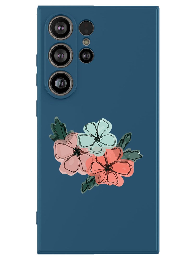 Theodor Protective Slim Fit Case Liquid Silicone Cover with Full Body Protection Anti-Scratch Shockproof Case For Samsung Galaxy S25 Ultra (Blue) - Flowers - Image 1