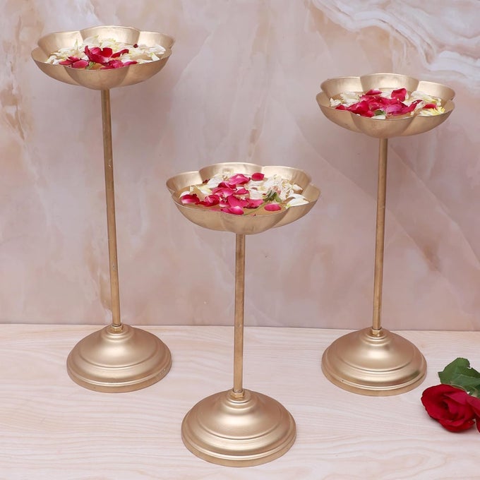 CANDLE FLOWERS HOLDER SET URLI STAND FOR HOME DECORATION FLOATING DIYA TEALIGHT HOLDERS LOTUS STAND DIWALI DECORATION HOUSEWARMING DECORATION ITEMS GOLDEN SET OF 3