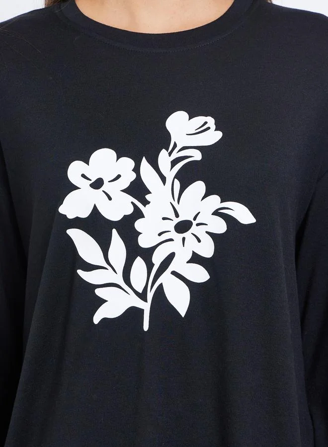 Styli  Black Floral Graphic Long Sleeve T-Shirt for Women | Best Price UAE