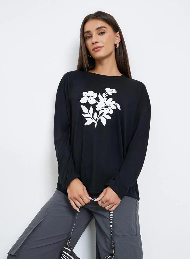 Black Floral Graphic Long Sleeve T-Shirt
