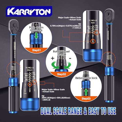 KARRYTON 35pc Torque Wrench Set 1/4 3/8 1/2-Inch Drive, CR-MO/72-Tooth/Dual Scale ±3% Accuracy Click Torque Wrenches w/Adapters for Auto, Bike, Motor - Image 5