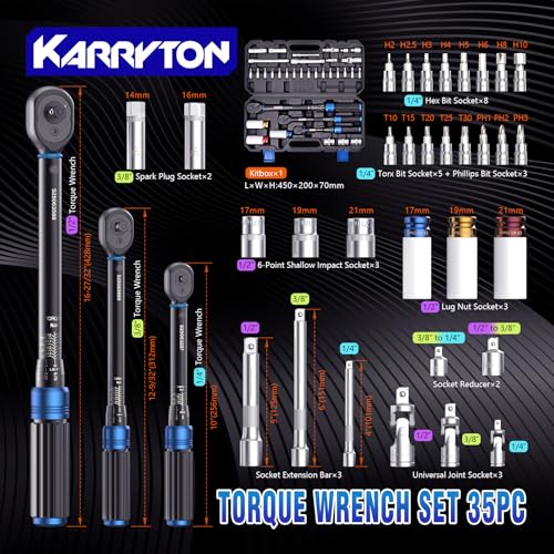 KARRYTON 35pc Torque Wrench Set 1/4 3/8 1/2-Inch Drive, CR-MO/72-Tooth/Dual Scale ±3% Accuracy Click Torque Wrenches w/Adapters for Auto, Bike, Motor - Image 2