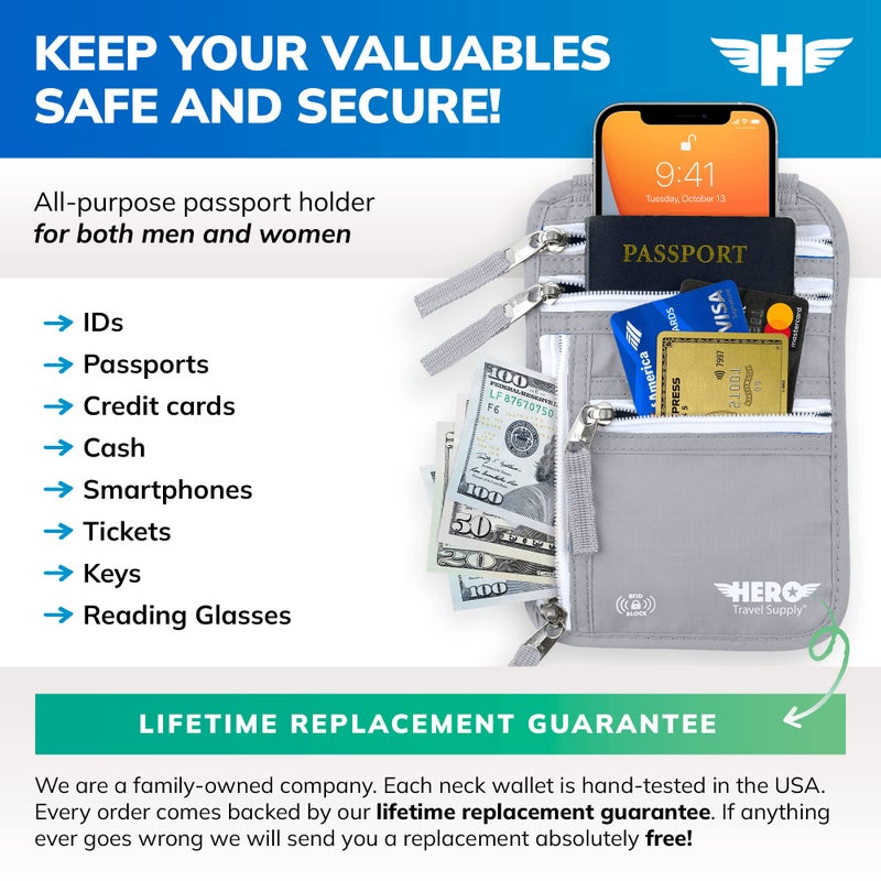 Hero Travel Supply HERO Neck Wallet – RFID Blocking Passport Holder – Easy to Conceal Travel Pouch  - Image 2