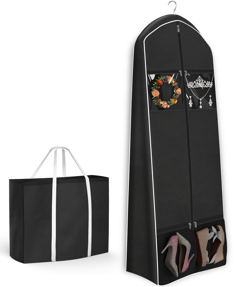KEETDY Portable 70" Wedding Dress Garment Bag Travel with Bride Tote Bag 8'' Gusseted Hanging Dress Bags for Gowns 4 Pockets Long Dresses Storage for Women Clothes, Black - Image 1