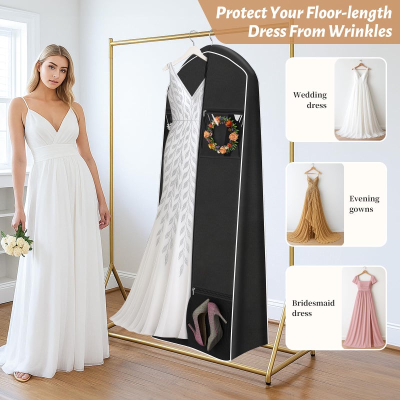 KEETDY Portable 70" Wedding Dress Garment Bag Travel with Bride Tote Bag 8'' Gusseted Hanging Dress Bags for Gowns 4 Pockets Long Dresses Storage for Women Clothes, Black - Image 4
