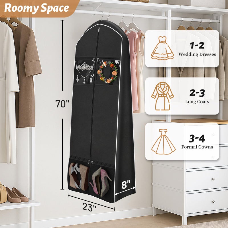 KEETDY Portable 70" Wedding Dress Garment Bag Travel with Bride Tote Bag 8'' Gusseted Hanging Dress Bags for Gowns 4 Pockets Long Dresses Storage for Women Clothes, Black - Image 5