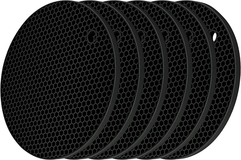 FS COOL Silicone Trivet Mat, Multi-Purpose Non-Slip Insulation Mat, Hot Pot Rack Drying Mat, Heat-Resistant Kitchen Mat for Countertops and Tables (Pack of 6, Black) - Image 1