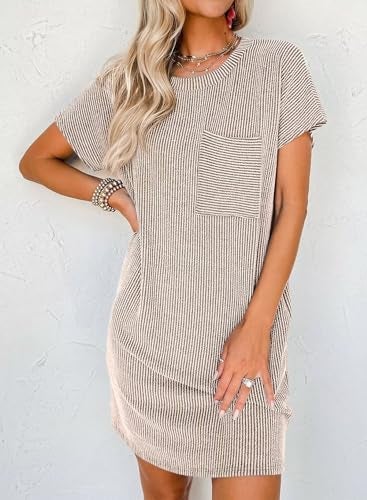Acelitt Women's Casual Summer Dresses 2024 Fashion Crewneck Short Sleeve Trendy Loose Vacation Beach Ribbed Shift Mini T Shirt Dress Beige Small - Image 2