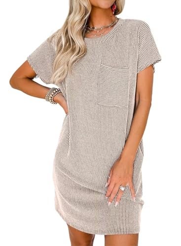 Acelitt Women's Casual Summer Dresses 2024 Fashion Crewneck Short Sleeve Trendy Loose Vacation Beach Ribbed Shift Mini T Shirt Dress Beige Small - Image 1