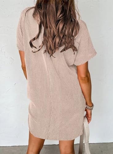 Acelitt Women's Casual Summer Dresses 2024 Fashion Crewneck Short Sleeve Trendy Loose Vacation Beach Ribbed Shift Mini T Shirt Dress Beige Small - Image 5