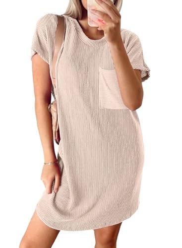 Acelitt Women's Casual Summer Dresses 2024 Fashion Crewneck Short Sleeve Trendy Loose Vacation Beach Ribbed Shift Mini T Shirt Dress Beige Small - Image 3