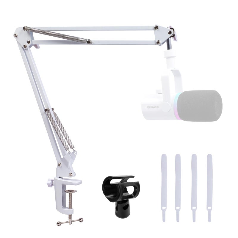 FEELWORLD AMS1 Microphone Boom Arm Adjustable Mic Arm Stand with 38 to 58 Screw Compatible with PM1 and other Mics for Podcast Straming Gaming Studio White - Image 2