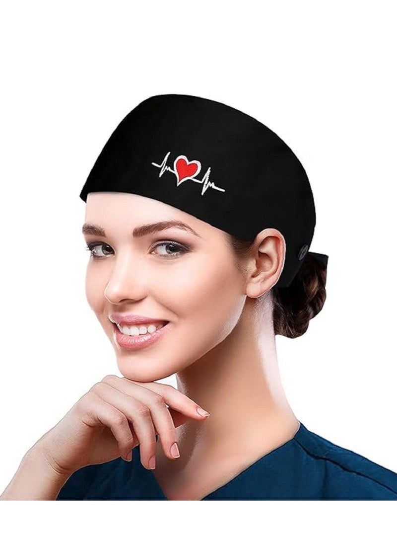 Black Medical Cotton Surgical Cap Fluffy Cap Adjustable Working Cap With Button And  Sweatband  Elastic Bandage Tie Back Hat for Men And Women - Image 1