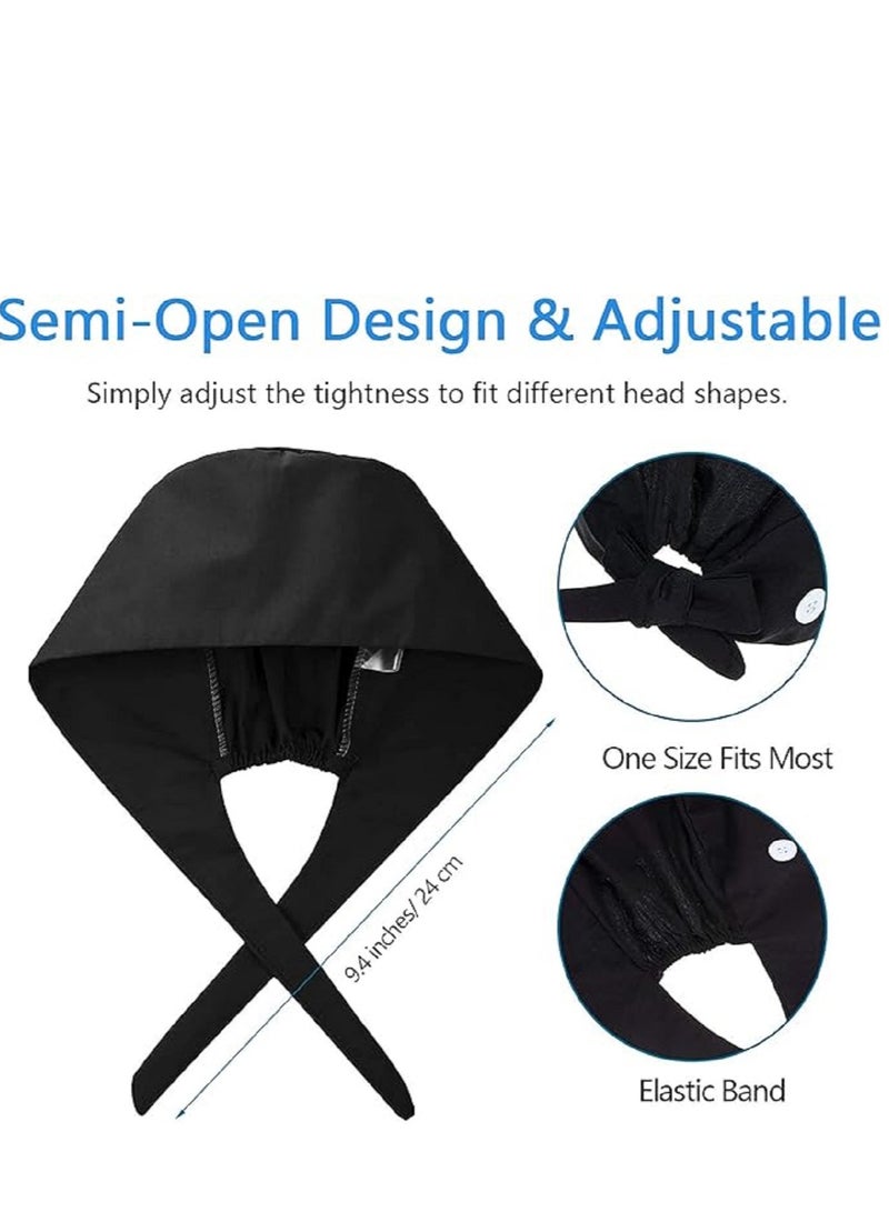 Black Medical Cotton Surgical Cap Fluffy Cap Adjustable Working Cap With Button And  Sweatband  Elastic Bandage Tie Back Hat for Men And Women - Image 2