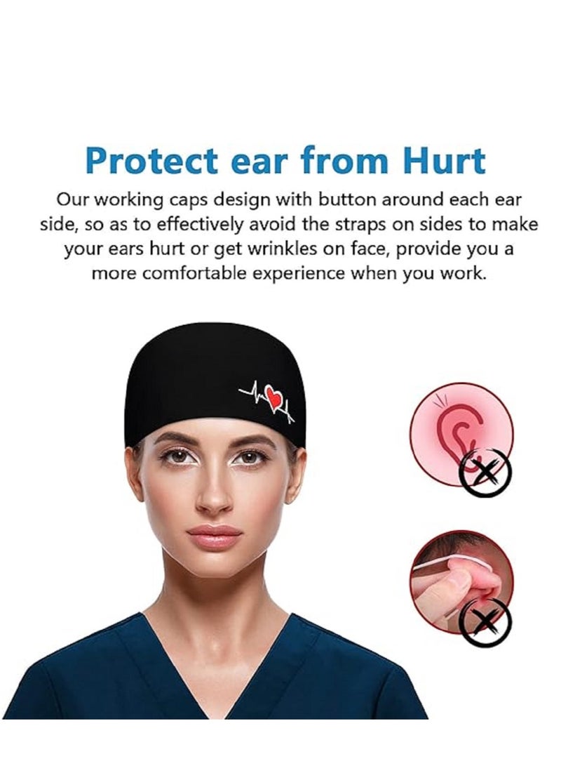 Black Medical Cotton Surgical Cap Fluffy Cap Adjustable Working Cap With Button And  Sweatband  Elastic Bandage Tie Back Hat for Men And Women - Image 4