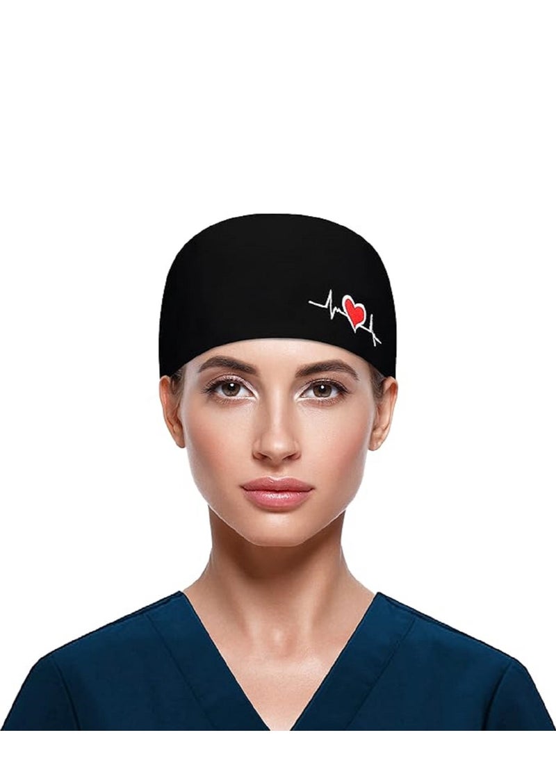 Black Medical Cotton Surgical Cap Fluffy Cap Adjustable Working Cap With Button And  Sweatband  Elastic Bandage Tie Back Hat for Men And Women - Image 5