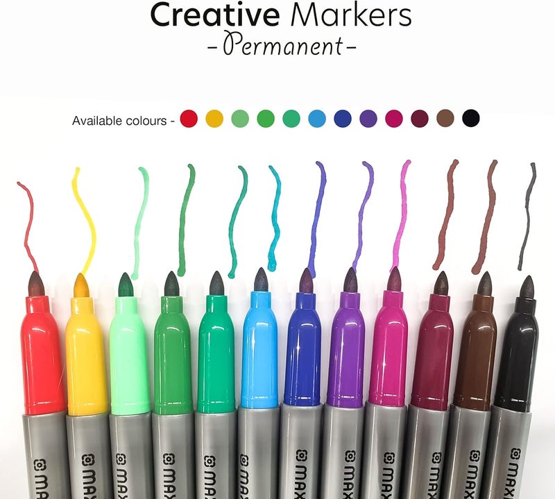 ماكسي أقلام ملونة دائمة من نوع “ماكسي كرييتيف” (Maxi Creative Permanent Markers)، عدد 12 قلمًا بألوان متنوعة، مقاس 40-12A - Image 4