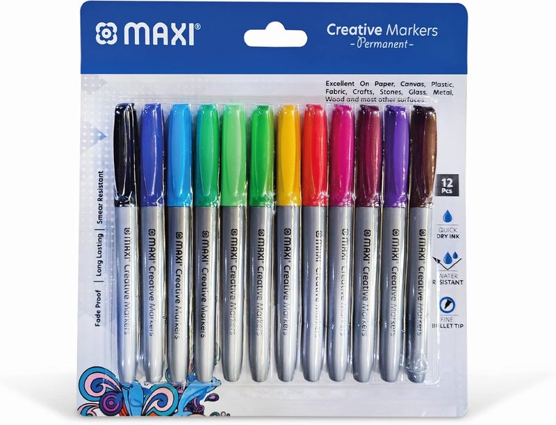 ماكسي أقلام ملونة دائمة من نوع “ماكسي كرييتيف” (Maxi Creative Permanent Markers)، عدد 12 قلمًا بألوان متنوعة، مقاس 40-12A - Image 1