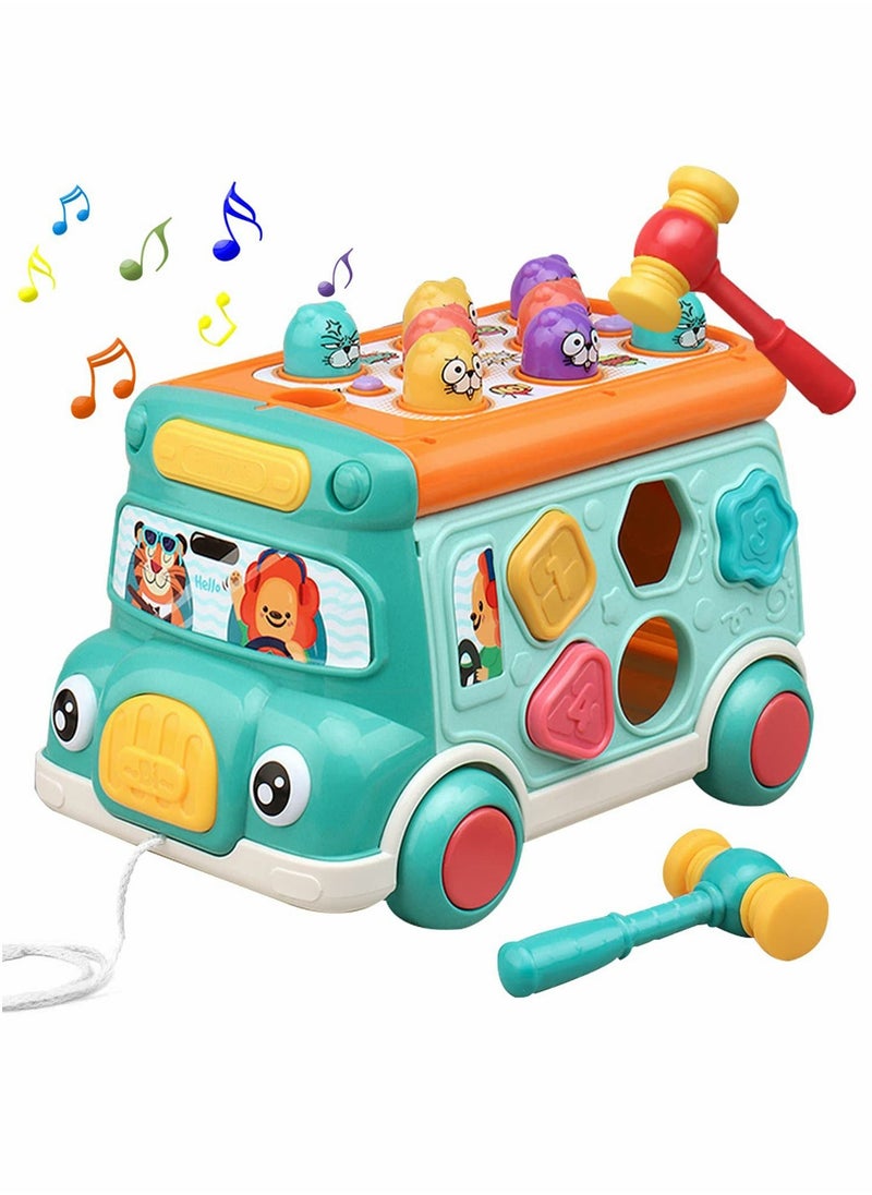 Cute Stone Push Pull Bus Toy, Baby Musical Learning Toys with Sound Light, Whack-a-Mole Game, Shape Matching, Gear, Toy Clock, Activity Bus Toy Early Education Gift for Toddler Boys Girls  - Image 1