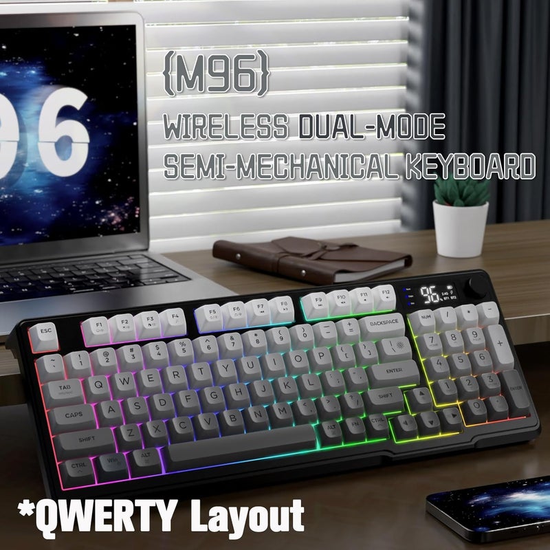LexonElec M96 Dual Mode Wireless Gaming Keyboard with 2.4G and BT5.0, 94 Keys Membrane Semi-mechanical Gradient PBT Keycap with Smart Display and Button, Rainbow Backlit, 3000mAh for Mac/Win - Moonnight - Image 2