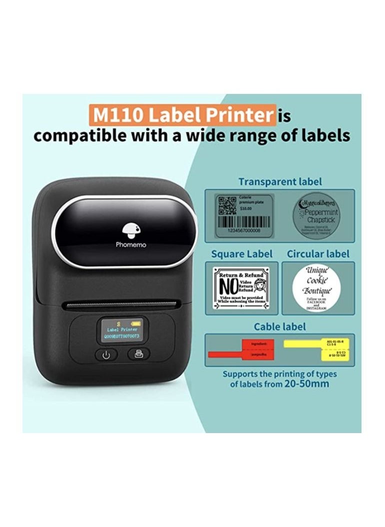 phomemo - Phomemo M110 Portable Thermal Label Printer Bluetooth Connection Apply For Labeling Shipping Office Cable Retail Barcode And More with 1 40×30mm Label Roll Black Plus Free Paper - Image 1