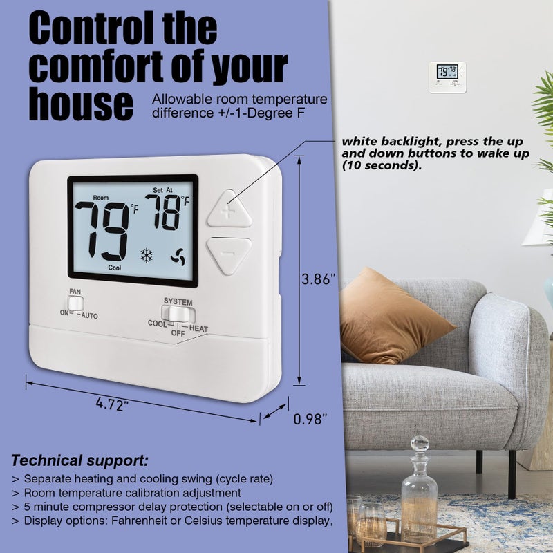 Heagstat Non-Programmable Thermostats for Home Conventional Single-Stage Systems, up to 1 Heat/ 1 Cool (with White Backlight) - Image 3