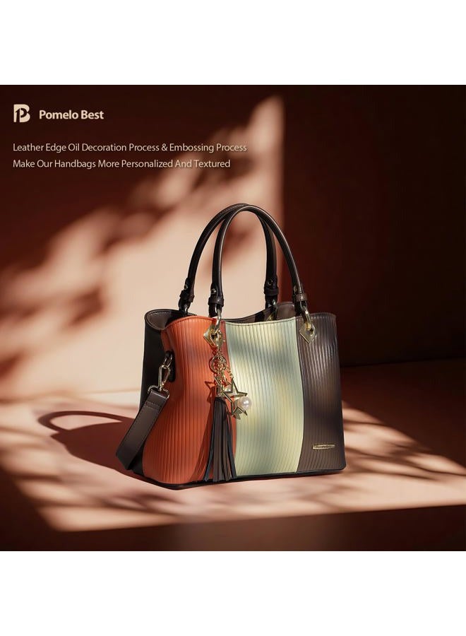 Pomelo Best Handbags for Women with Multiple Internal Pockets in Pretty Color Combination, Women's Satchel Handbag, Sunset Orange/Green/Coffee - Image 5