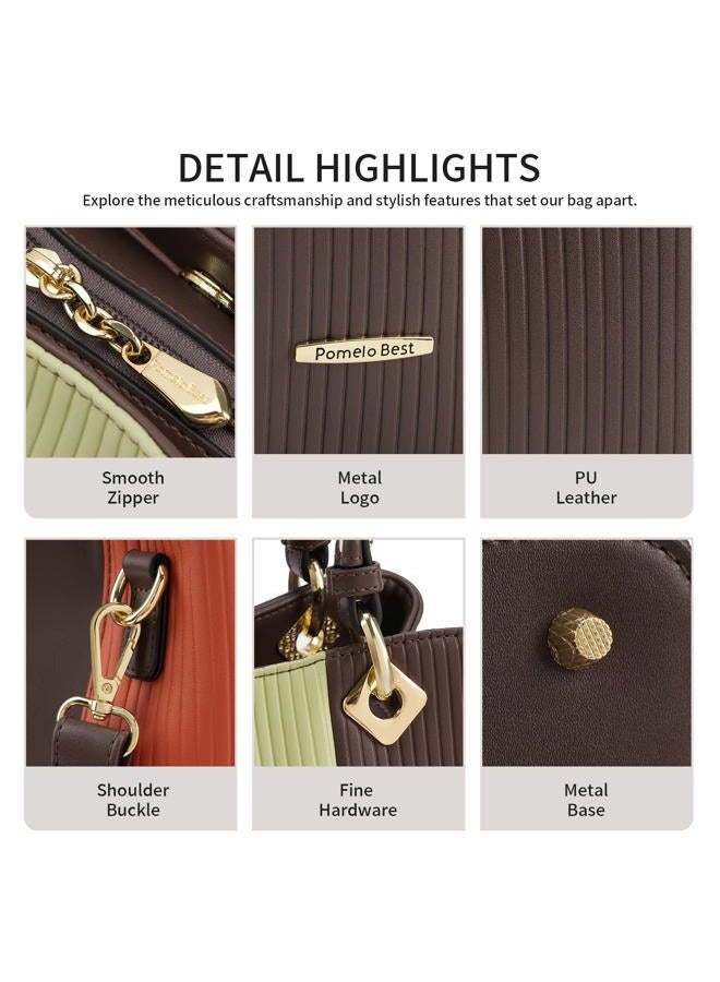 Pomelo Best Handbags for Women with Multiple Internal Pockets in Pretty Color Combination, Women's Satchel Handbag, Sunset Orange/Green/Coffee - Image 4