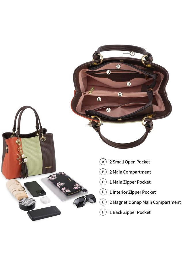 Pomelo Best Handbags for Women with Multiple Internal Pockets in Pretty Color Combination, Women's Satchel Handbag, Sunset Orange/Green/Coffee - Image 3