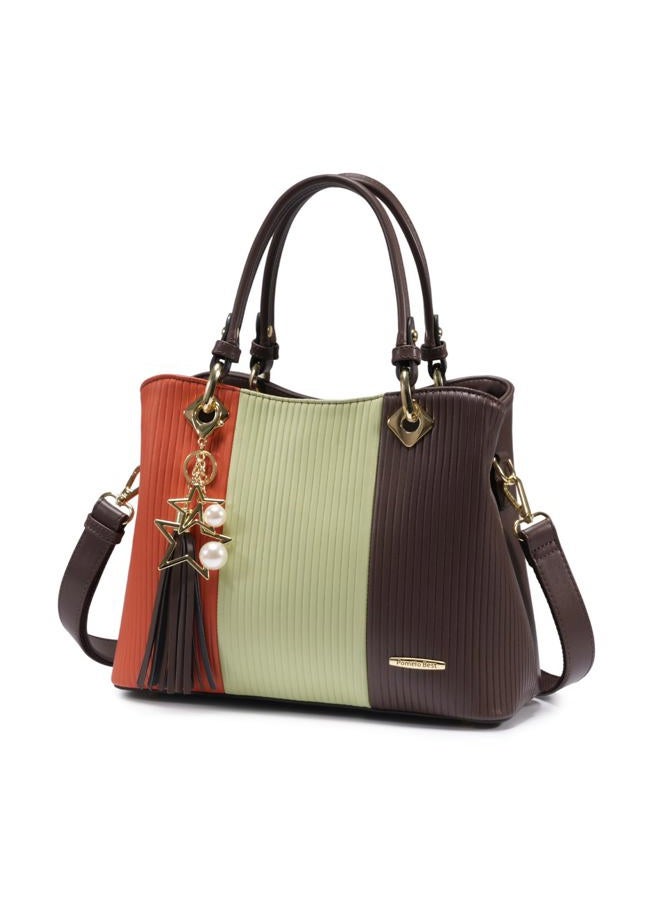Pomelo Best Handbags for Women with Multiple Internal Pockets in Pretty Color Combination, Women's Satchel Handbag, Sunset Orange/Green/Coffee - Image 1