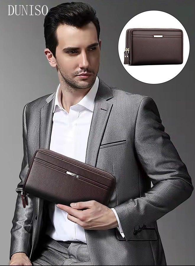 DUNISO Men's Clutch Bag Faux Leather Wallet Bag Large Capacity Light Weight Handbag Portable Envelope Phone Purse with Wrist Strap - Image 1