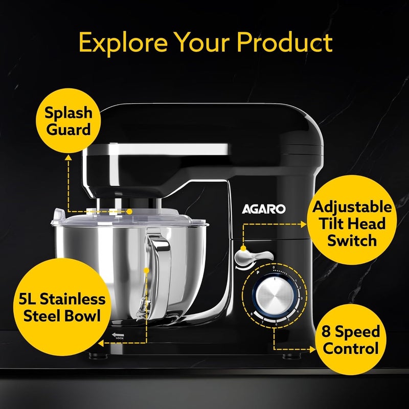 AGARO Royal Stand Mixer 1000W with 5L SS Bowl and 8 Speed Setting Includes Whisking Cone Mixing Beater Dough Hook and Splash Guard 2 Years Warranty by Brand - Image 4