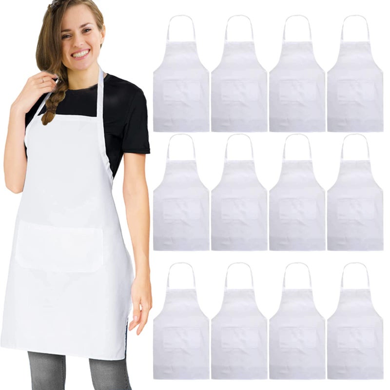 multifuns 12 pcs White Aprons Bulk Waterdrop Resistant for Women Men Kitchen Cooking Grilling Aprons with 2 Pockets (24x28 inch, White - Image 1