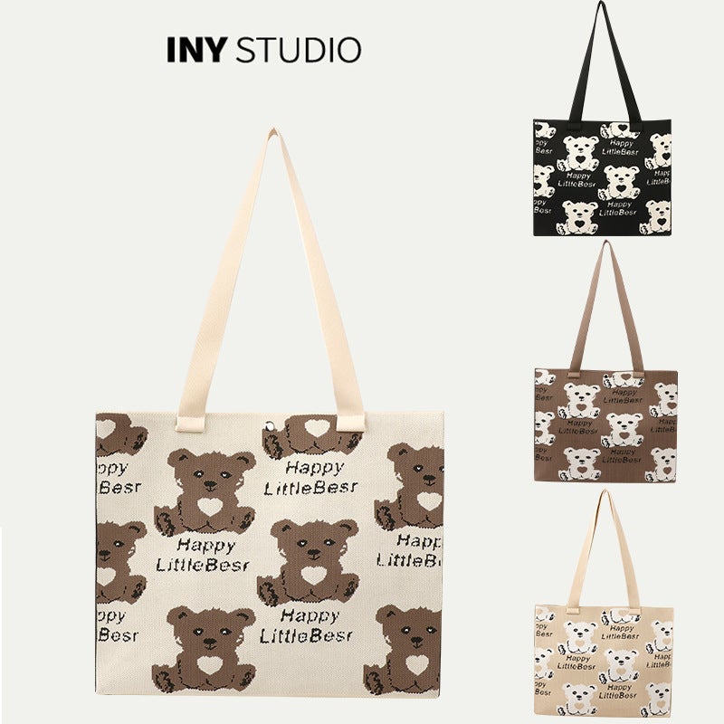 Large Square Tote Bag with Cute Bear Design, Women's Handbag - Image 1