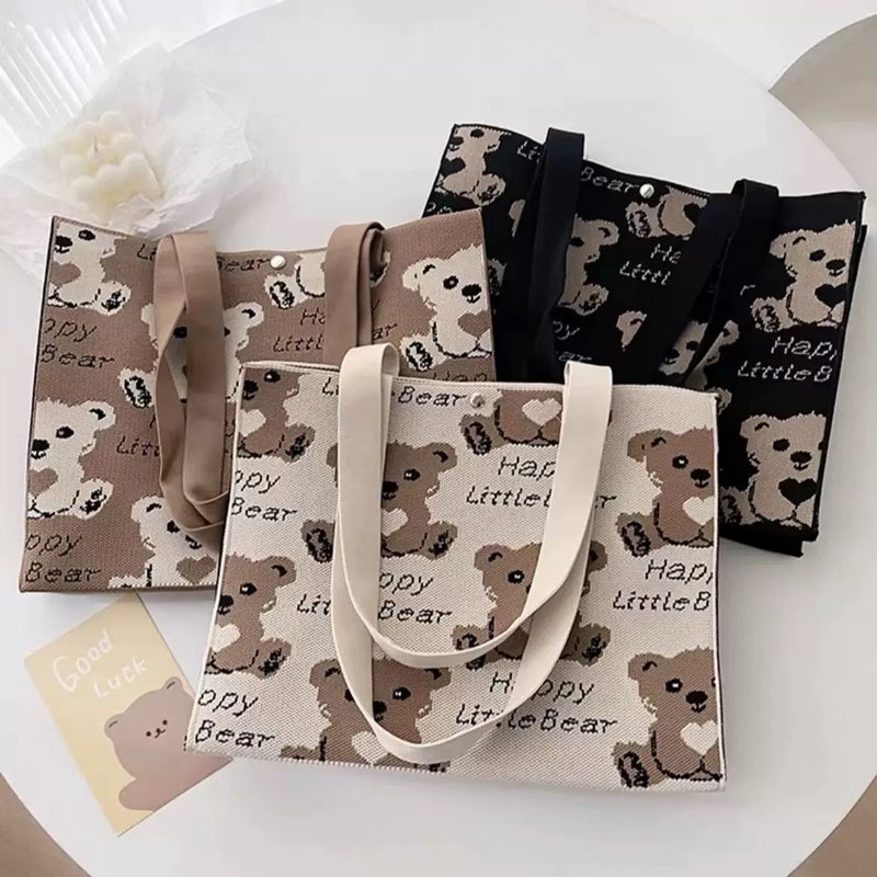 Large Square Tote Bag with Cute Bear Design, Women's Handbag - Image 2