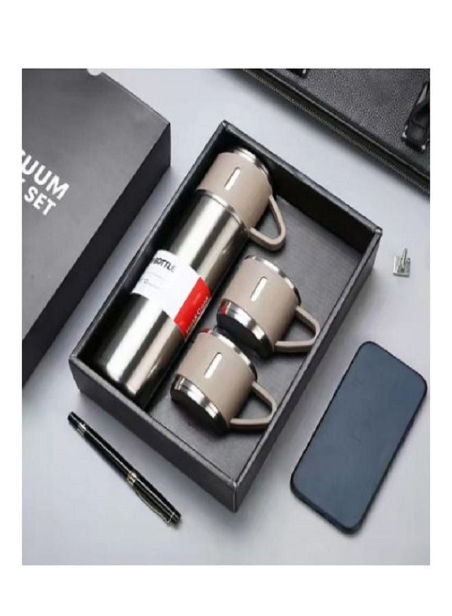 Thermos Bottle Set Double-Layer Stainless Steel Vacuum Flask Travel Water Bottle with 3 Steel Cups 500ml - Sliver - Image 1