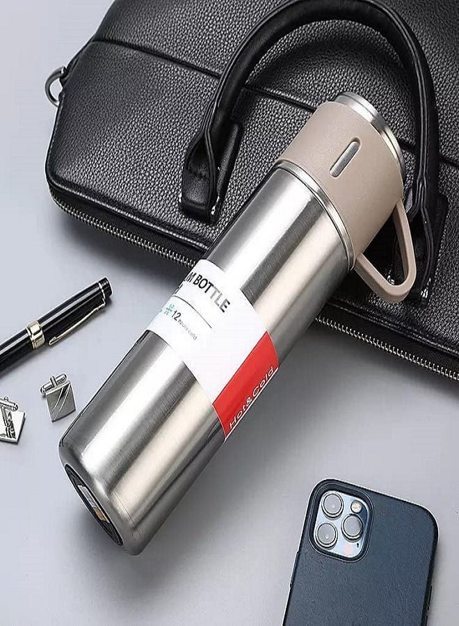 Thermos Bottle Set Double-Layer Stainless Steel Vacuum Flask Travel Water Bottle with 3 Steel Cups 500ml - Sliver - Image 2