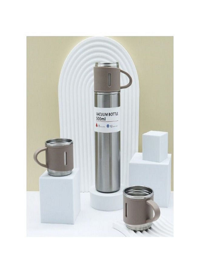 Thermos Bottle Set Double-Layer Stainless Steel Vacuum Flask Travel Water Bottle with 3 Steel Cups 500ml - Sliver - Image 3