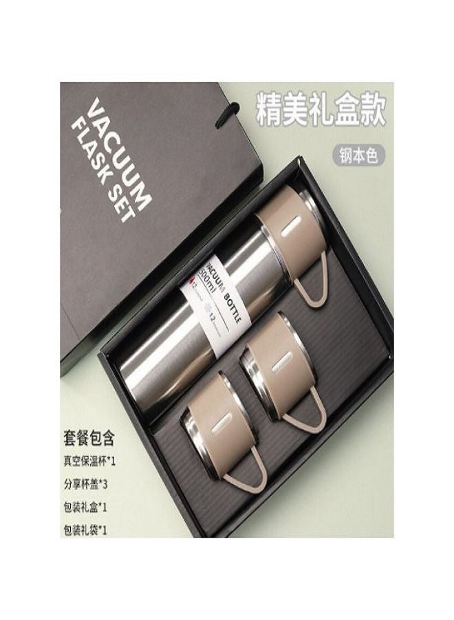 Thermos Bottle Set Double-Layer Stainless Steel Vacuum Flask Travel Water Bottle with 3 Steel Cups 500ml - Sliver - Image 4