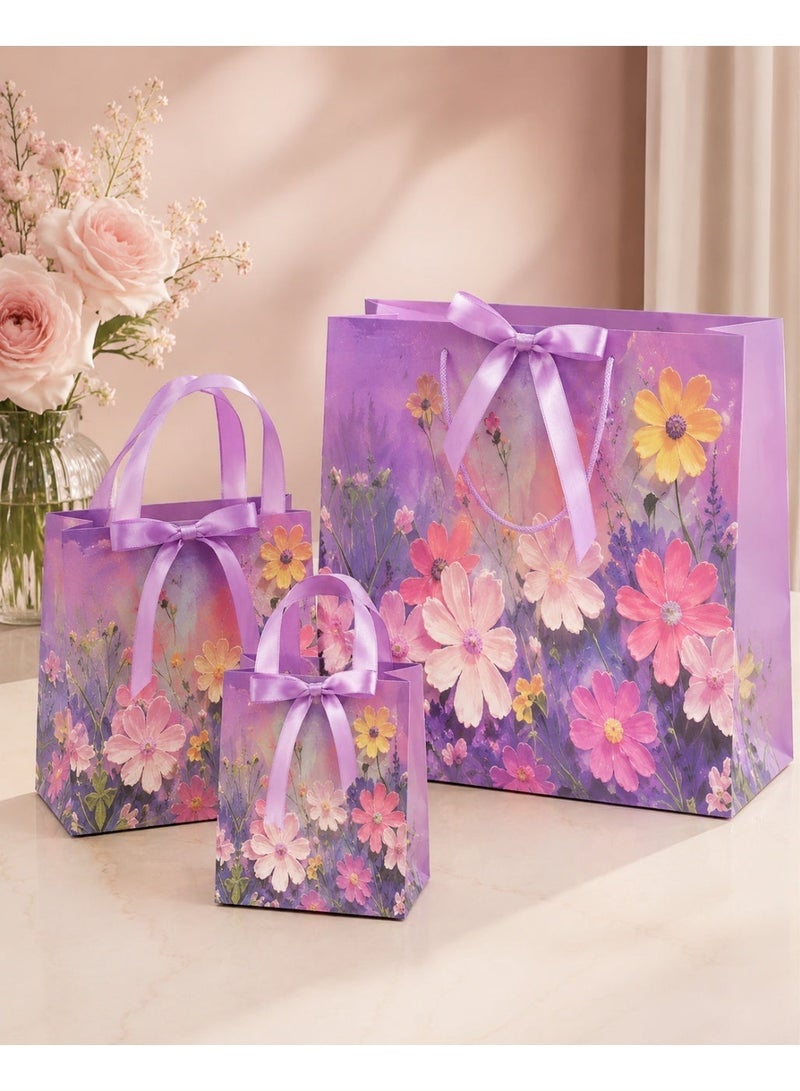 Paper Gift Bags 3 pcs , with 3D Oil Painting Print and A Ribbons, Portable Paper Gift Bags with Handles, Various Sizes (Print is flat, not raised) - Image 1