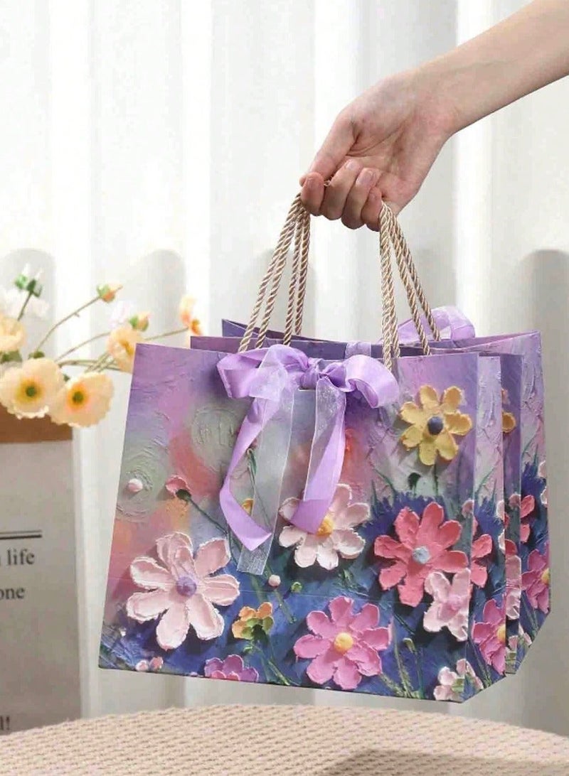 Paper Gift Bags 3 pcs , with 3D Oil Painting Print and A Ribbons, Portable Paper Gift Bags with Handles, Various Sizes (Print is flat, not raised) - Image 3