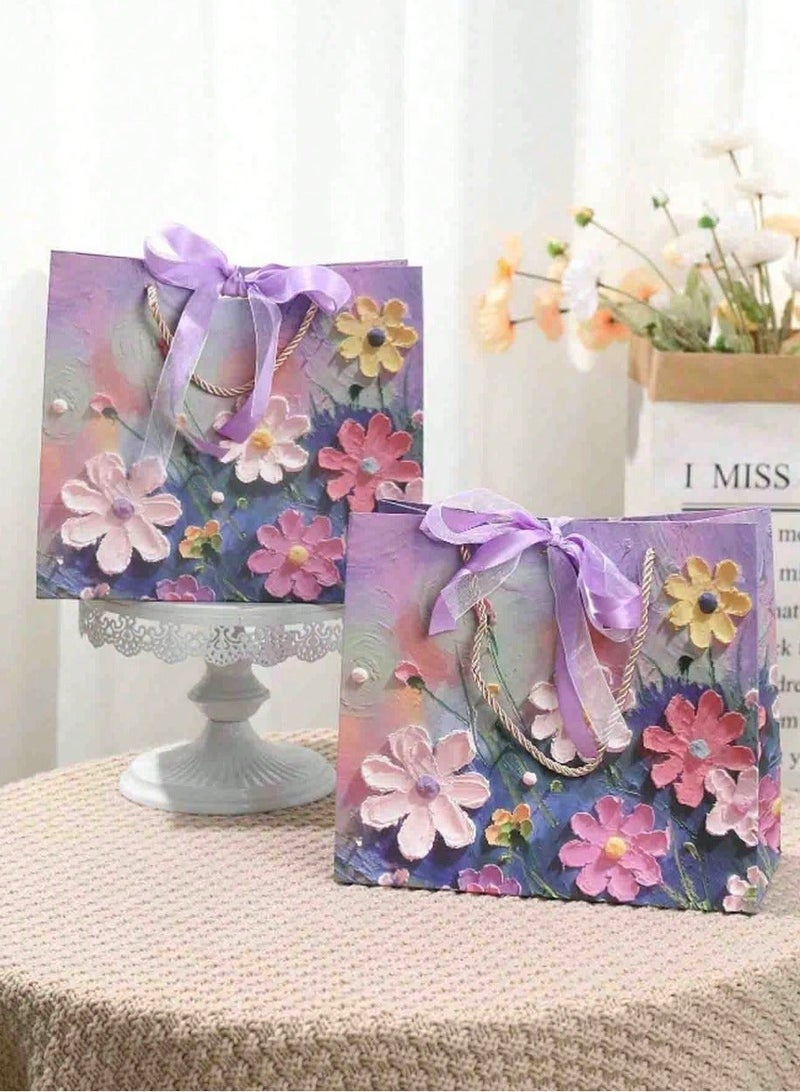 Paper Gift Bags 3 pcs , with 3D Oil Painting Print and A Ribbons, Portable Paper Gift Bags with Handles, Various Sizes (Print is flat, not raised) - Image 5