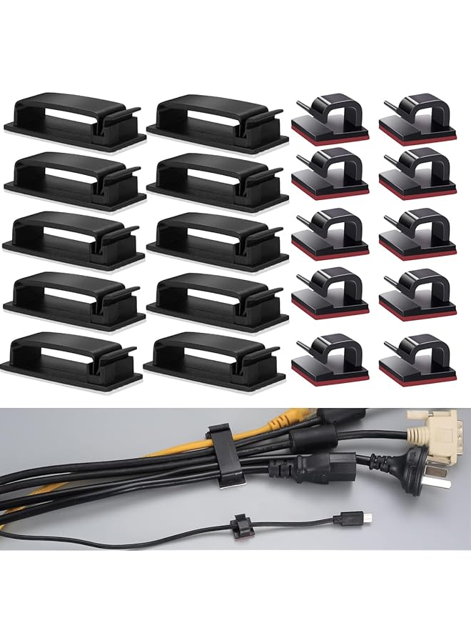 PROMASS 30+30 Pcs Self Adhesive Cable Management Clips,Cable Management Wire Organizer Clips,for Under Desk, Car, Wall, TV PC Ethernet Cable,Two Size (Black,Small, Large)